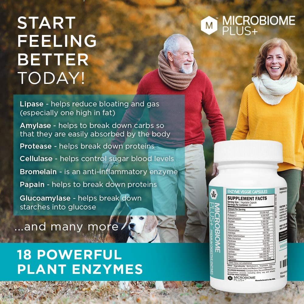 Microbiome Plus+ Premium Plant Based Digestive Enzymes Supplement (18 Plant-Based Enzymes) - Microbiome Plus+